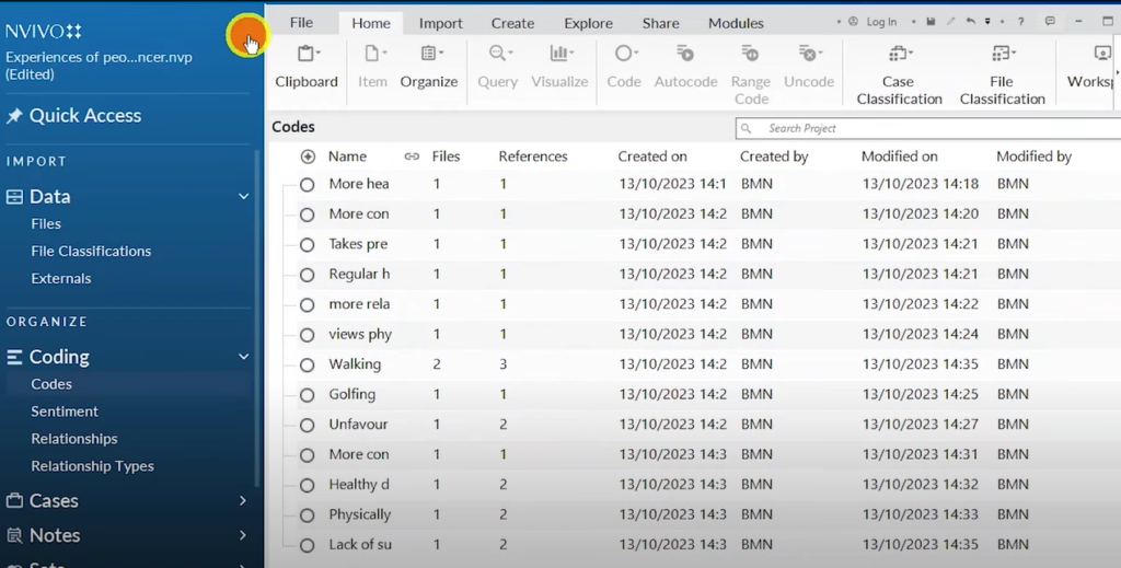 Image showing a list of codes in Nvivo 14