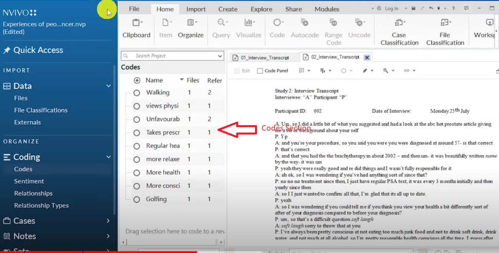 Image showing the codes section in Nvivo 14