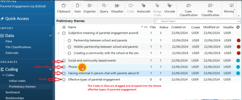 Image describbing the dragging and dropping of codes into a theme in Nvivo 14