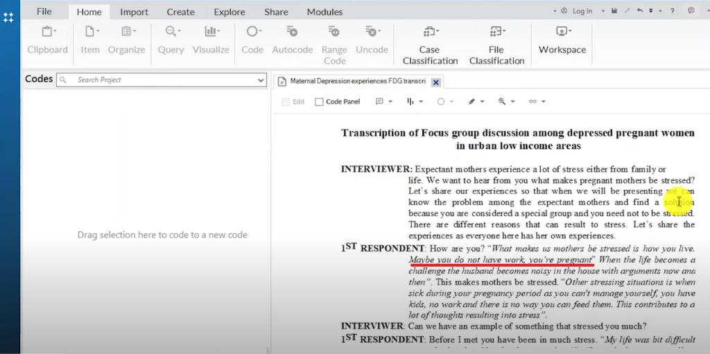 Image showing a section of a transcript in Nvivo 14