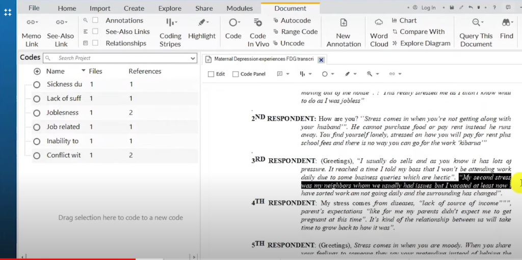 Image showing a section of a transcript in Nvivo 14