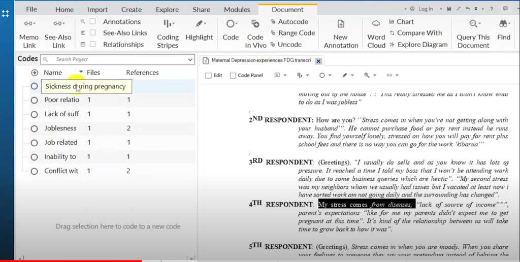 Image highlighting a section of a transcript in Nvivo 14