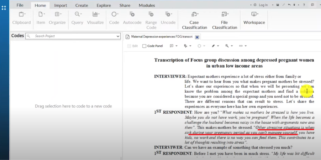 Image showing a section of a transcript in Nvivo 14