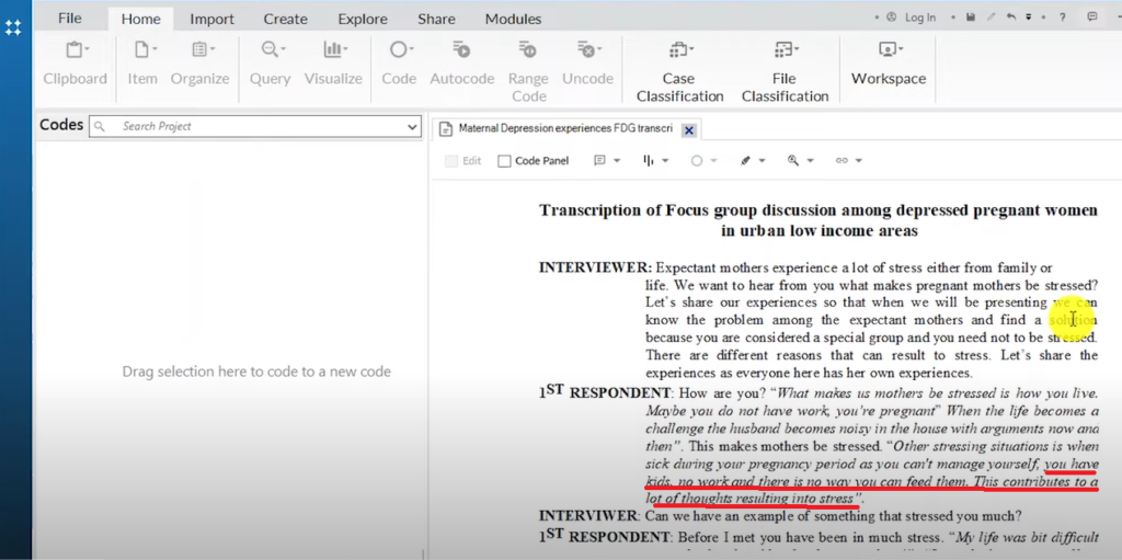 Image showing a section of a transcript in Nvivo 14