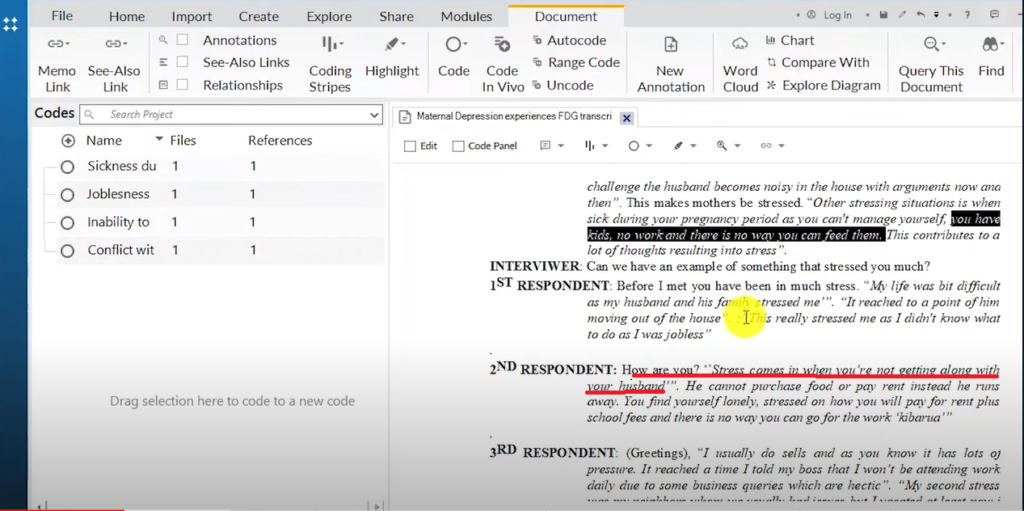 Image showing a section of a transcript in Nvivo 14