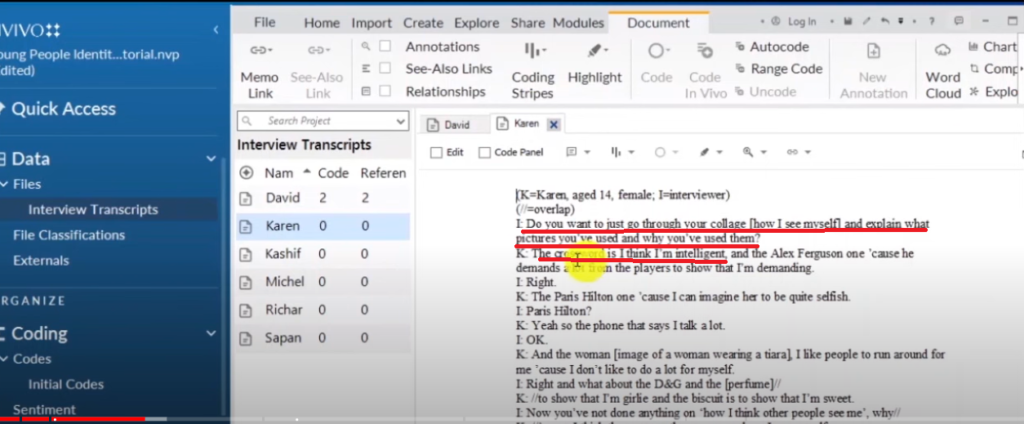 Image showing a section of a transcript in Nvivo 14