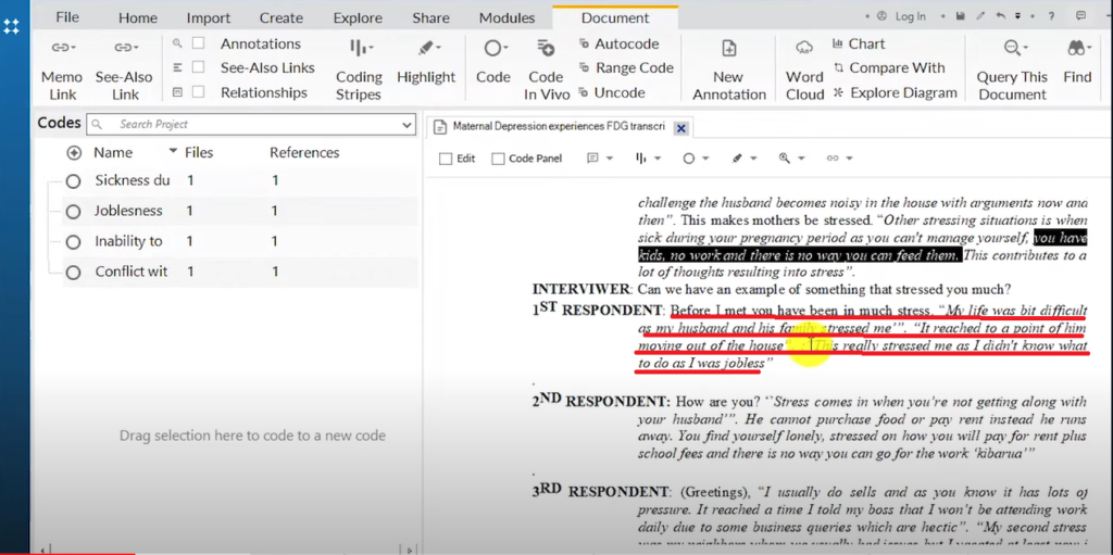 Image showing a section of a transcript in Nvivo 14