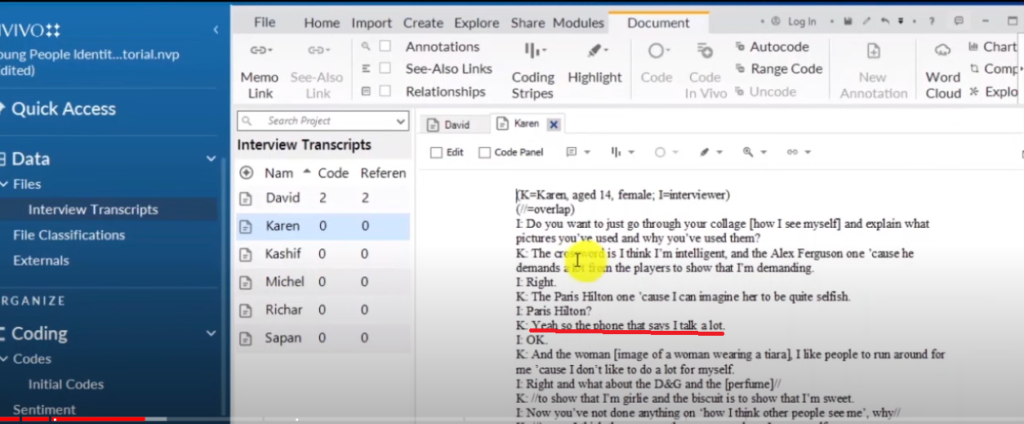 Image showing a Section of a transcript in Nvivo 14