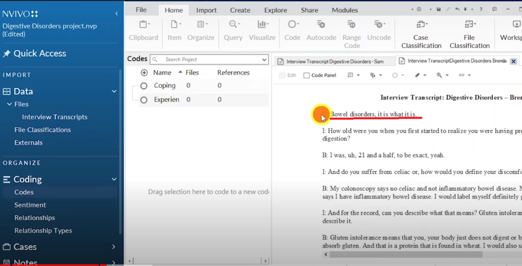 Image showing a section of a transcript in Nvivo 14