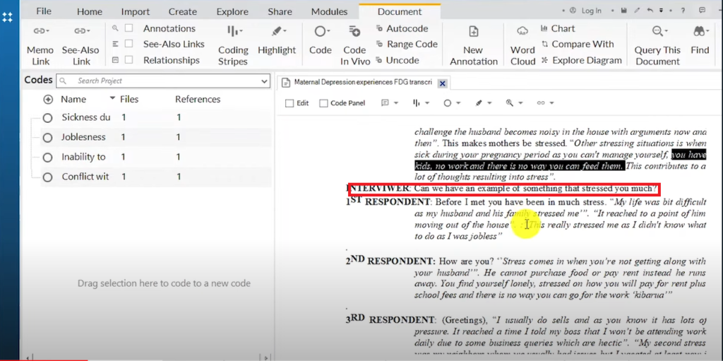 Image showing a section of a transcript in Nvivo 14