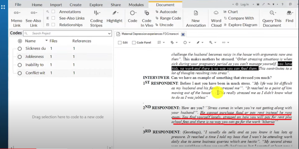 Image showing a section of a transcript in Nvivo 14