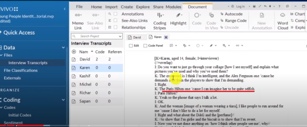 Image showing a section of a transcript in Nvivo 14