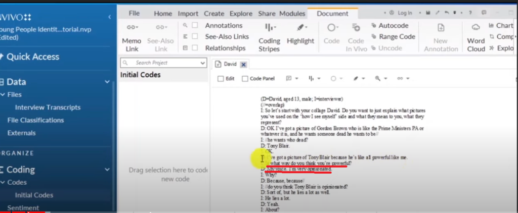 Image showing a section of a transcript in Nvivo 14