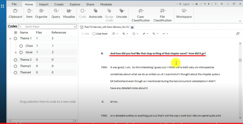 Image highlighting a section of a transcript in Nvivo 14