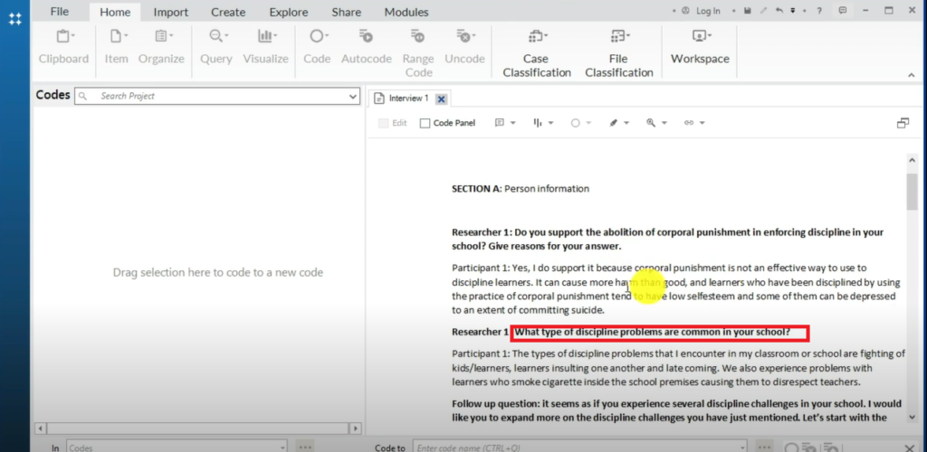 Image highlighting a section of a transcript in Nvivo14