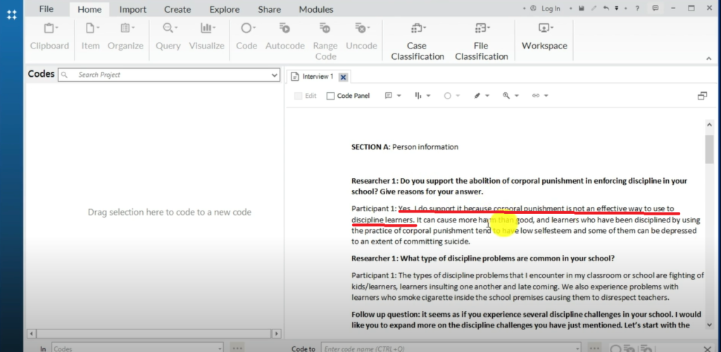 Image showing a section of a transcript in Nvivo 14