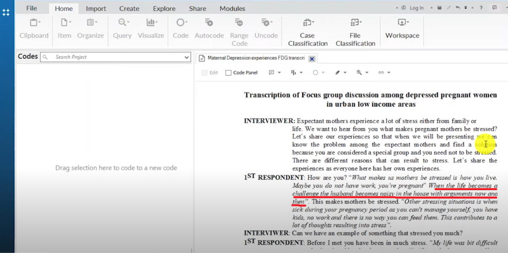 Image showing a section of a transcript in Nvivo 14