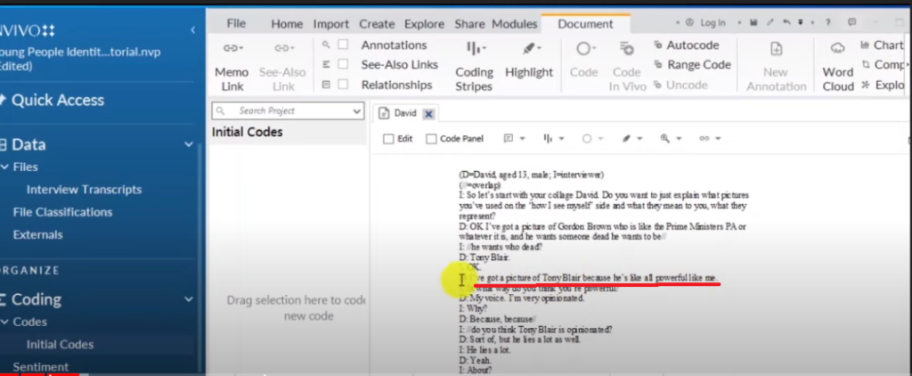 Image showing a section of a transcript in Nvivo 14