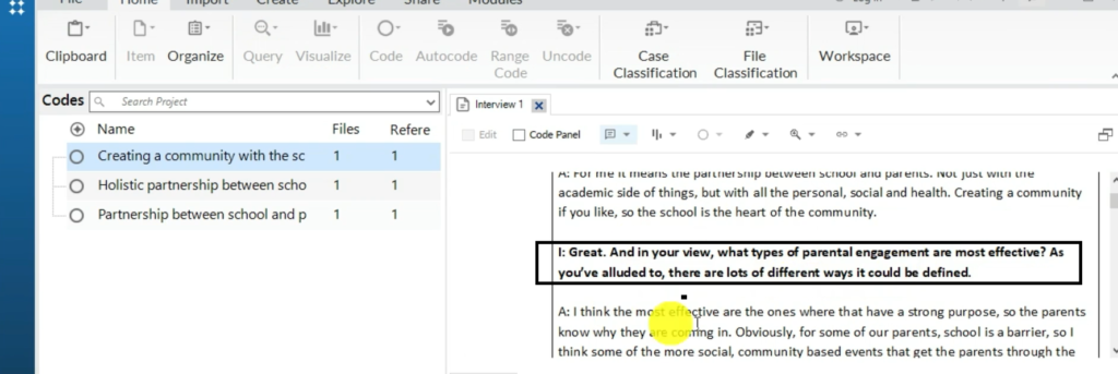 Image showing a section of a transcript in Nvivo 14