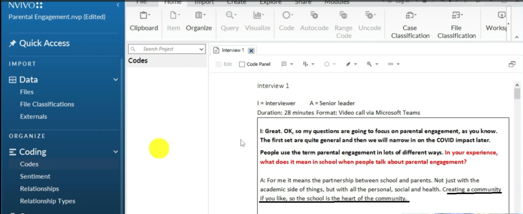 Image showing a section of a transcript in Nvivo 14