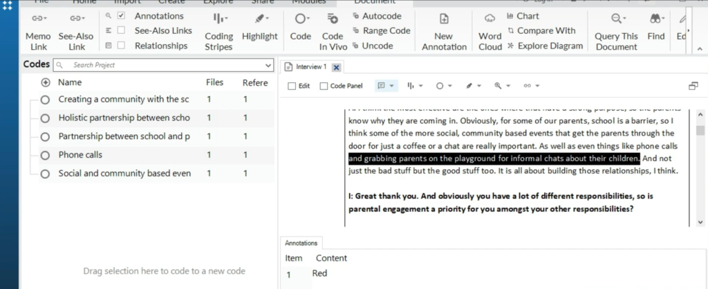 Image showing a section of a transcript in Nvivo 14