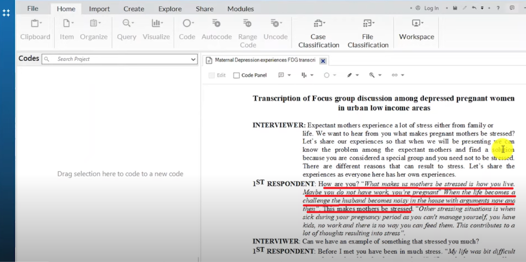 Image showing a section of a transcript in Nvivo 14