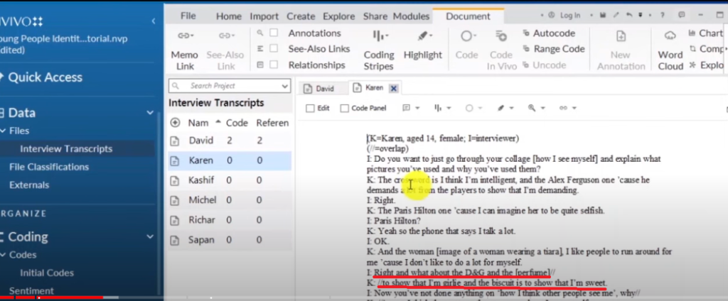 Image showing a section of  a transcript in Nvivo 14