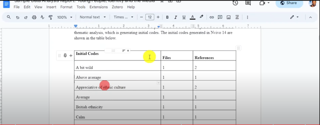 Image showing a sample table that gets included in the report after data analysis.