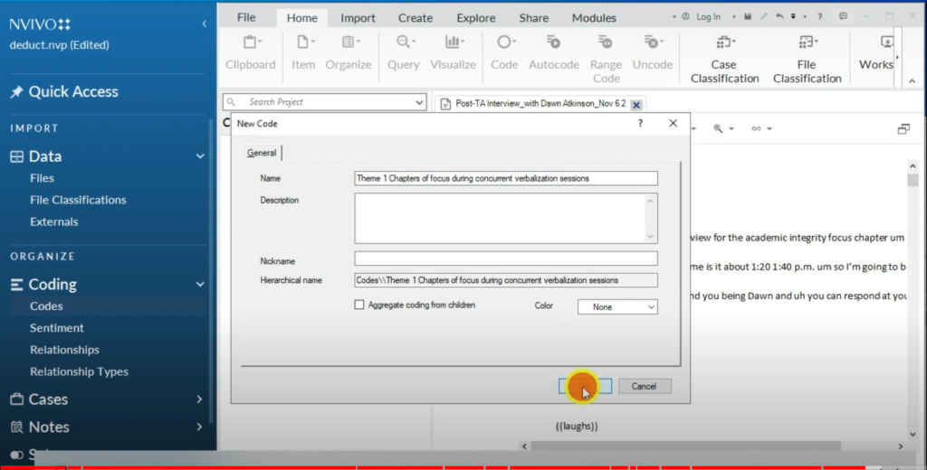 Image showing the importation of  a theme into the codes section in Nvivo 14