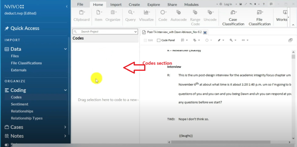 Image showing the codes section in Nvivo 14