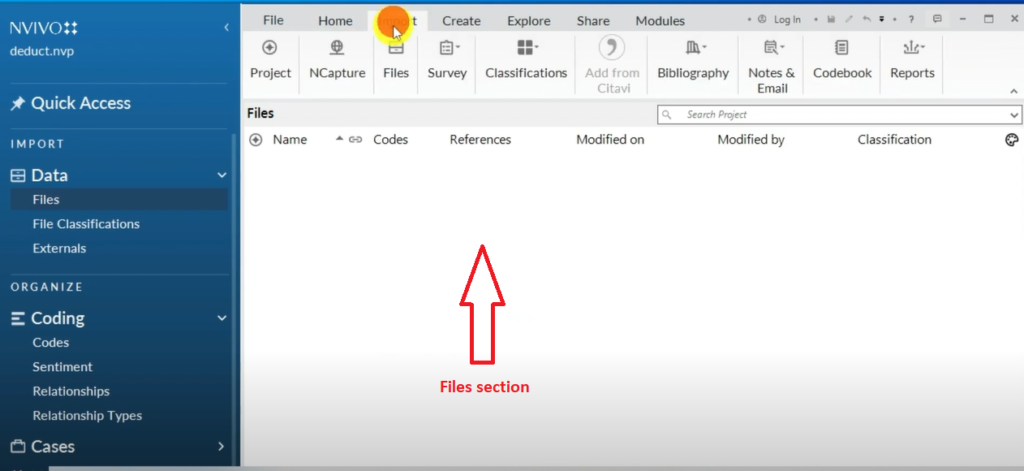 Image showing the files section in Nvivo 14