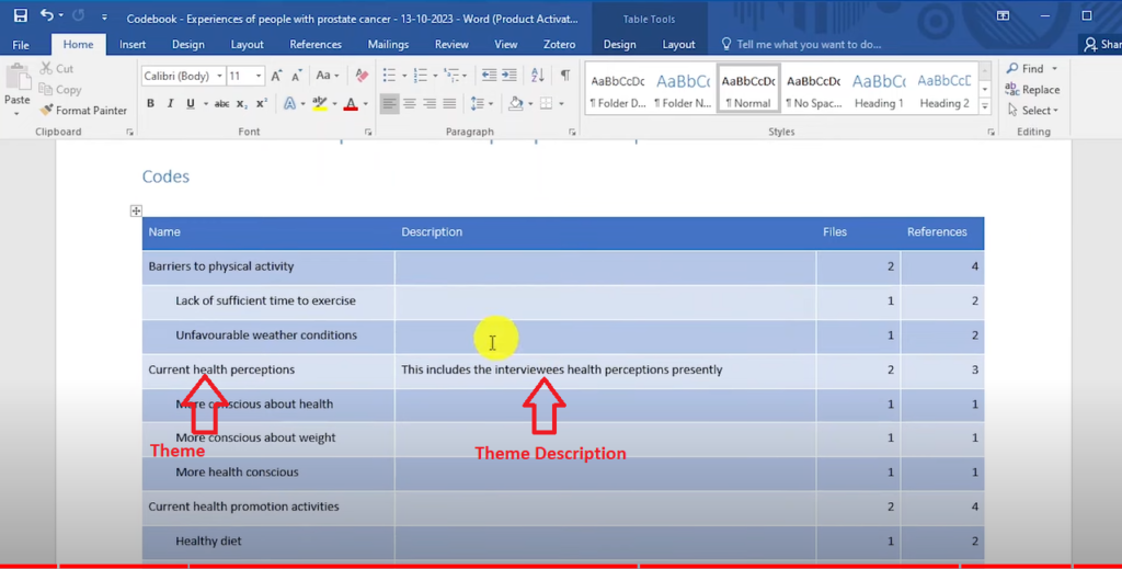 Image showing the theme and the theme description in a code book