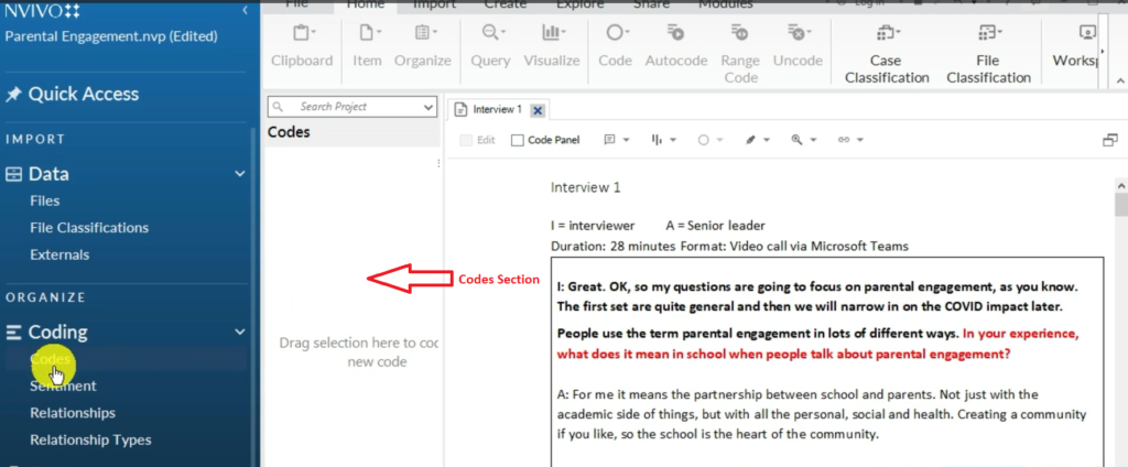 Image showing the codes section in Nvivo 14