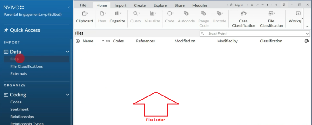 Image showing the files section in Nvivo 14