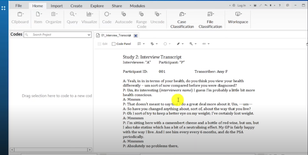 Image showing a transcript in Nvivo 14