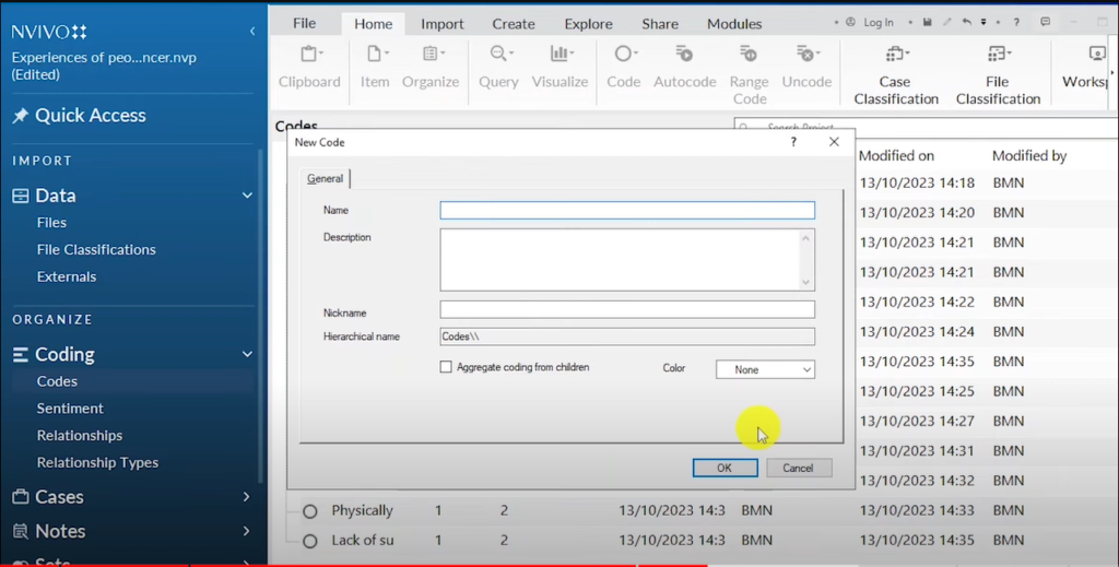 Image showing a pop up for creating a new theme in Nvivo 14