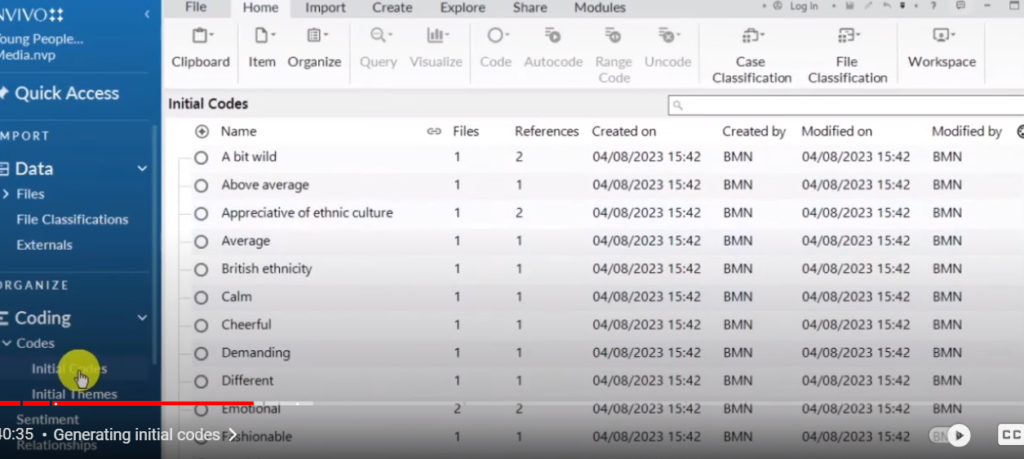 Image showing a list of codes in Nvivo 14