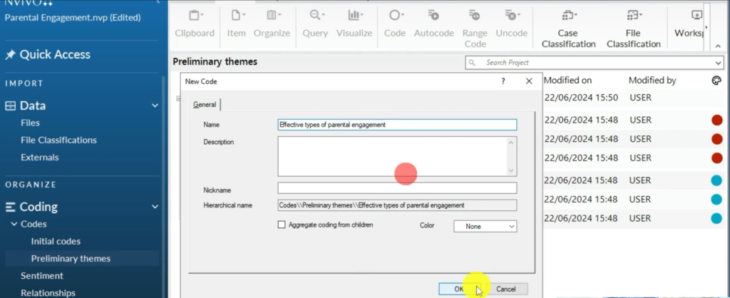 Image showing the creation of a theme in Nvivo 14