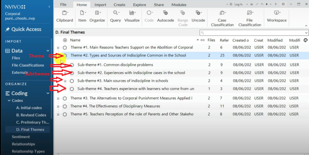 Image showing subthemes and themes in Nvivo 14