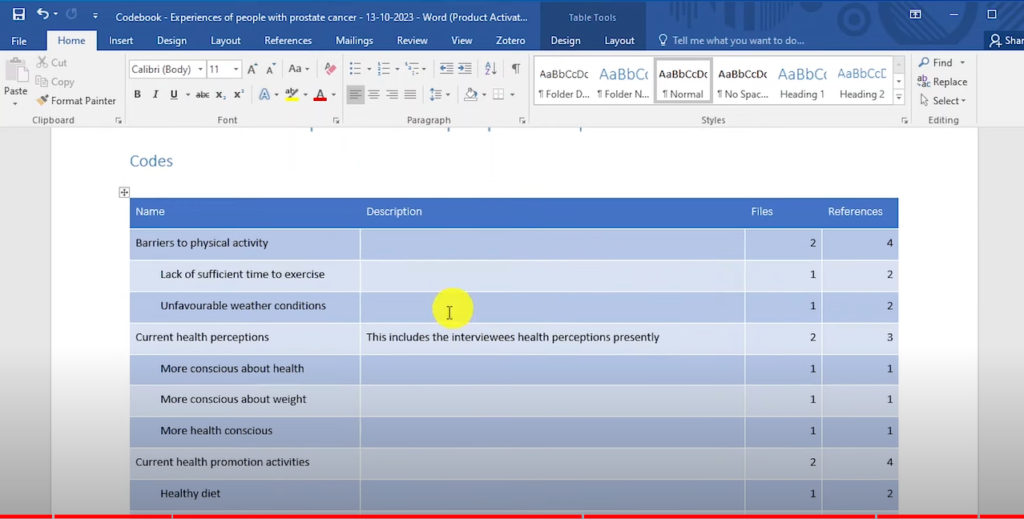 Image of a code book from Nvivo 14