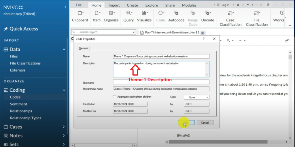 Image showing the description of a theme in Nvivo 14