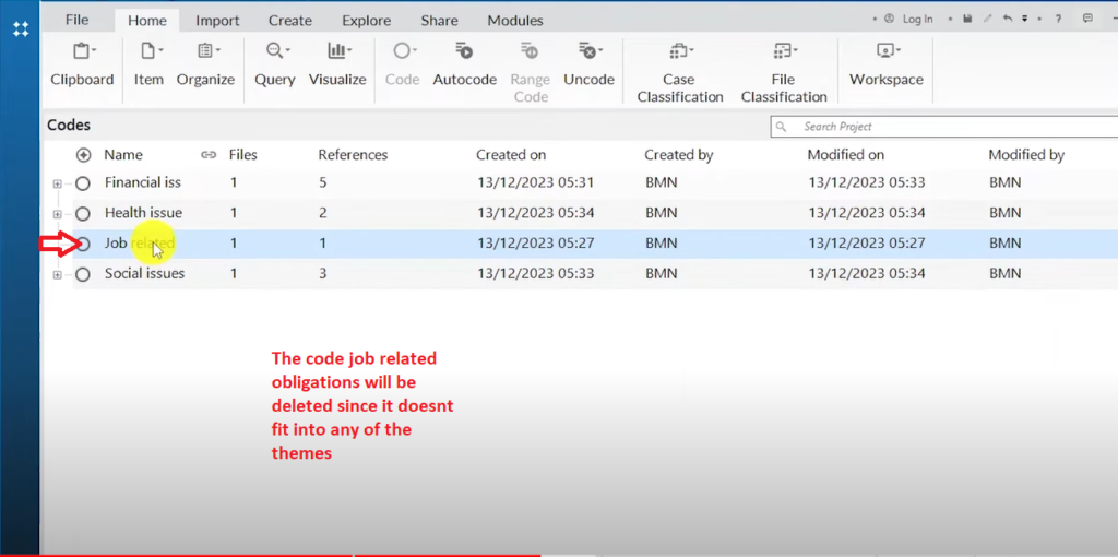 Image showing a code to be deleted in Nvivo 14