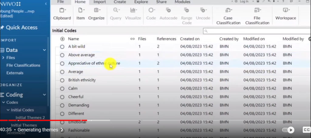 Image showing codes in Nvivo 14