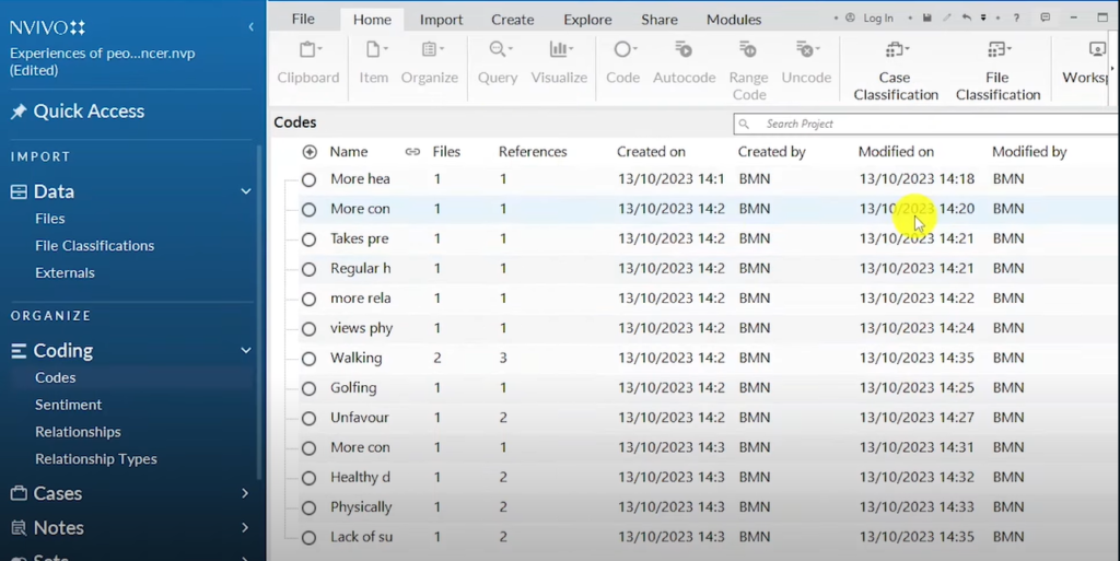 Image showing codes developed in Nvivo 14