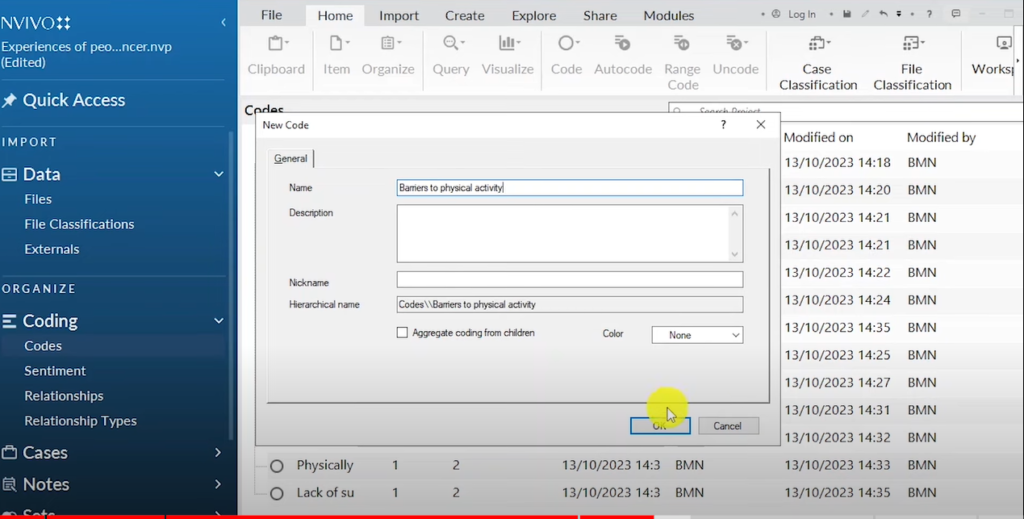 Image showing creation of a theme in Nvivo 14