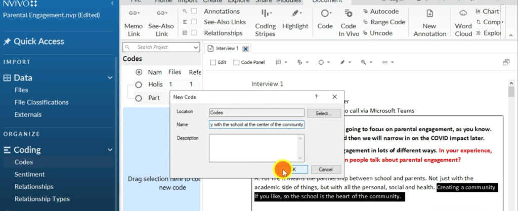 Image showing the creation of a code in Nvivo 14