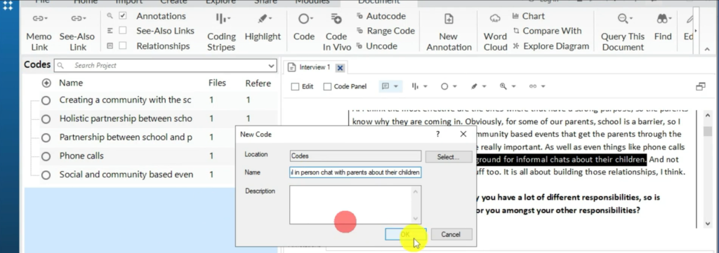 Image showing the creation of a code in Nvivo 14