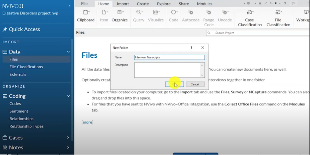 Image showing the creation of a new folder in Nvivo 14