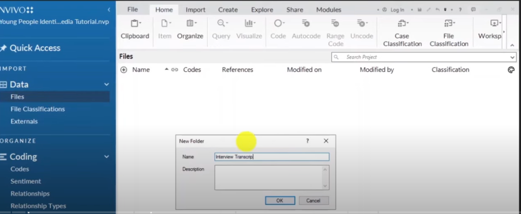 Image showing the creation of a new folder in the files section of Nvivo 14