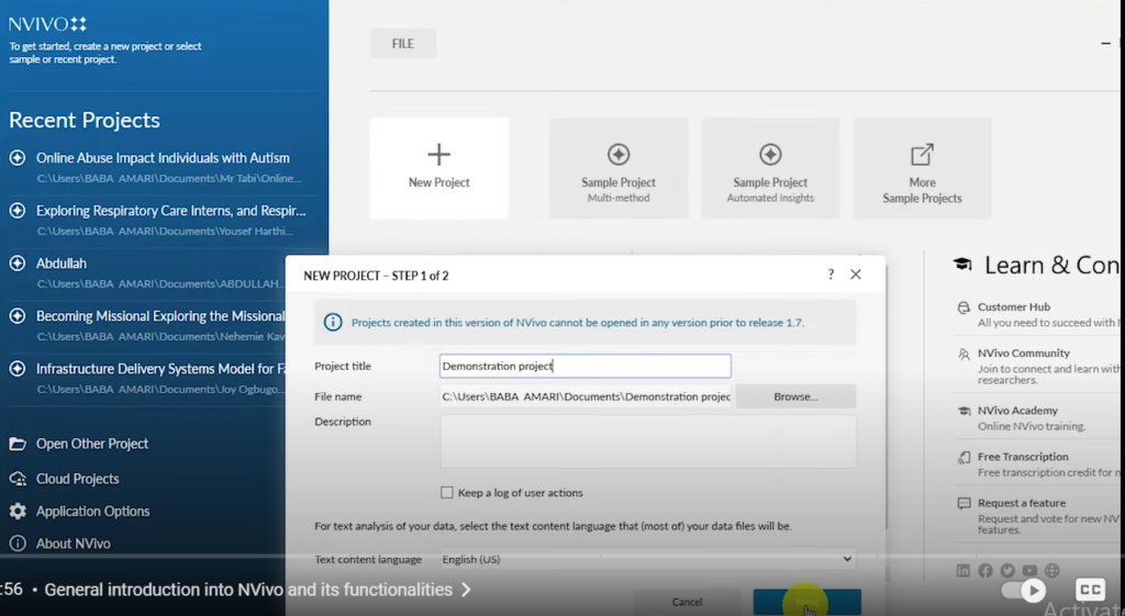 Image showing the creation of a project in Nvivo 14